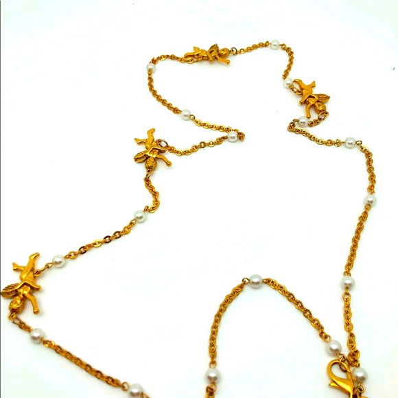 Stunning Vintage 1928 Cherub and Pearl Gold Necklace Hangs 18” - Picture 2 of 3